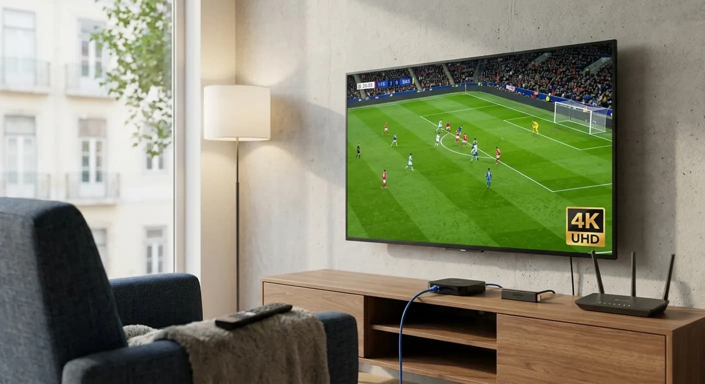 IPTV 4K Portugal — quando vale a pena Smart TV em 4K a transmitir um jogo de futebol com box IPTV e router