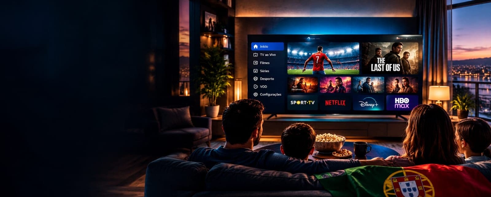 IPTV Portugal — família a ver TV com PortugalIPTV IPTV Portugal família na Smart TV — PortugalIPTV com canais PT, desporto e VOD