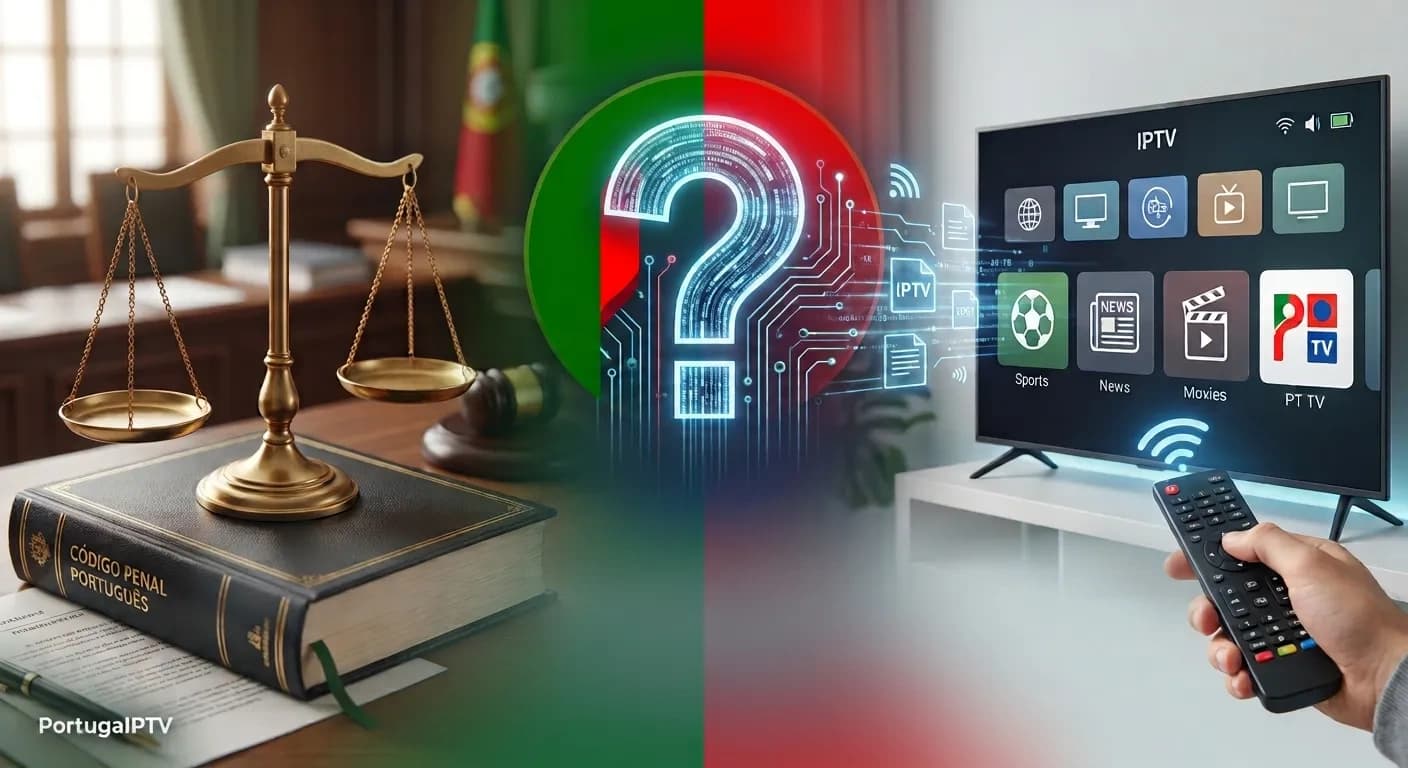 Lista IPTV Portugal grátis: o que é, riscos e alternativas Balança da justiça, Código Penal Português e interface IPTV numa Smart TV